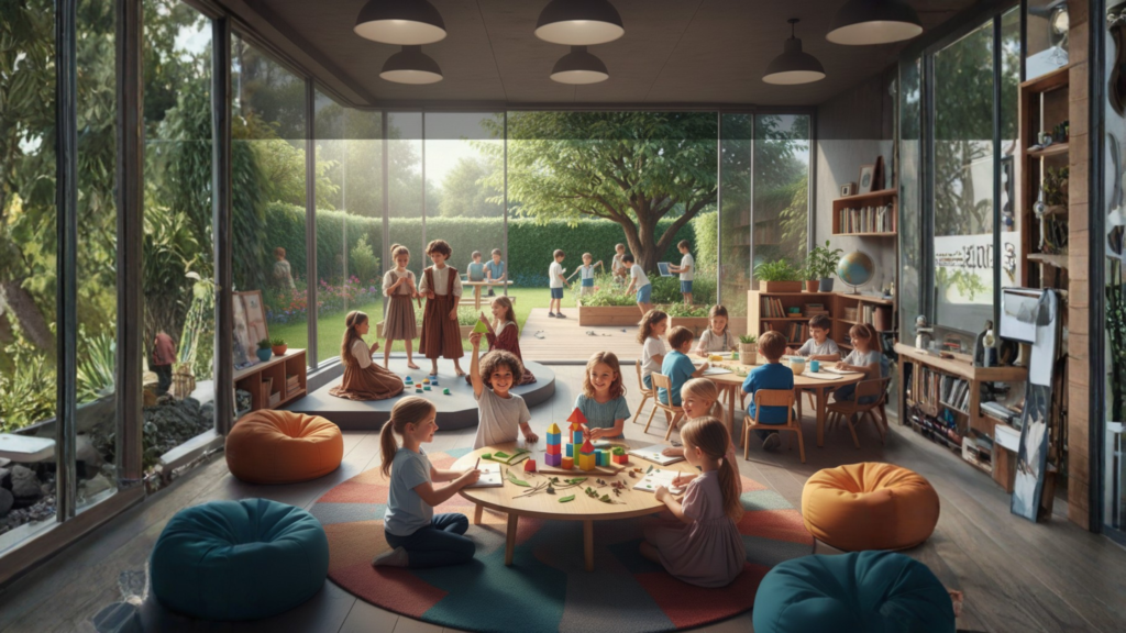A group of diverse children playing and learning in a bright, modern classroom at an international preschool near me with large windows overlooking a lush green garden.