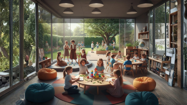 A group of diverse children playing and learning in a bright, modern classroom at an international preschool near me with large windows overlooking a lush green garden.
