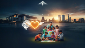 A teacher with students exploring a world map and blocks, symbolizing the holistic education at the best CBSE schools in Bangalore.