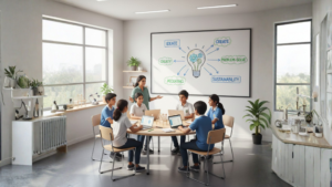Students collaborating on creative projects in a modern classroom at CBSE schools in Bangalore, focusing on critical thinking and problem-solving