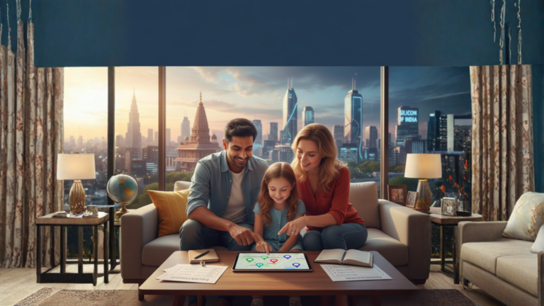 Parents and a child researching international school admissions in Bangalore on a digital tablet with a city skyline background.