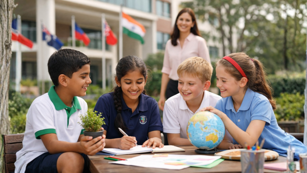 Students collaborating on a global learning project at CBSE schools in Bangalore, reflecting diversity, teamwork, and holistic education